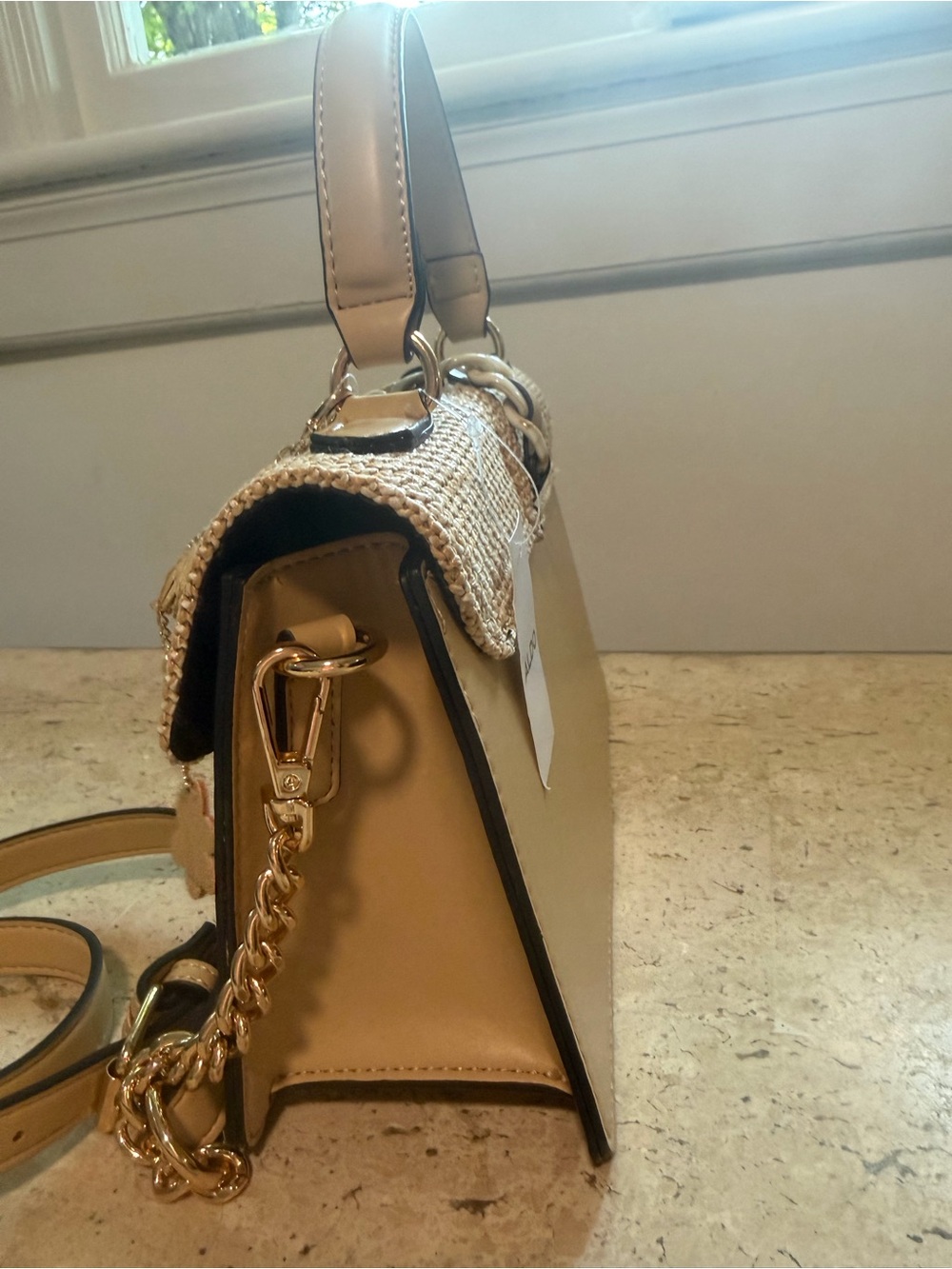ALDO Cream/Tan Top Handle/Crossbody Purse Flower Charms, Woven Flap NWT - Picture 4 of 8